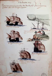 Strona rękopisu „Wspomnienia o armadach Portugalii za panowania króla Manuela I (1469-1521)”, przedstawiająca portugalskie floty z roku 1497. 1500. Lizbona, Narodowe Muzeum Sztuki Dawnej.