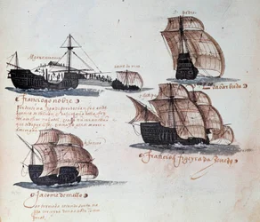 Księga pamiątkowa portugalskich armad za panowania króla Manuela I (1469-1521): przedstawienie karawel portugalskiej floty. Miniatura z rękopisu z 1497 roku. Lizbona, Narodowe Muzeum Sztuki Dawnej