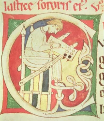 Ms 22 fol.139r Historyczny inicjał C przedstawiający pismo zakonne, z Vitae Sanctorum, Santa Cruz de Coimbra