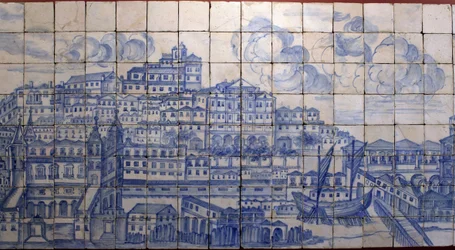 Panoramiczny widok Lizbony przed trzęsieniem ziemi w 1755 roku - Azulejos z początku XVIII wieku, panel odnoszący się do dawnego pałacu hrabiów Tentúgalu, Lizbona, wielka panorama Lizbony przed trzęsieniem ziemi w 1755 roku, fajans z początku XVIII wieku