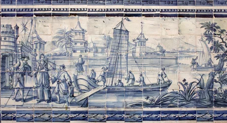 Scena nad brzegiem rzeki w Azji - Azulejos, malowany fajans