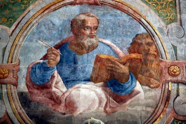 Klasztor Chrystusa. Wnętrze kościoła Okrągłego zdobione późnogotyckim malarstwem i rzeźbą. Św. Marka Ewangelisty. Tomar. Portugalia.