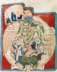 Opakowanie O z przedstawieniem polującego centaura. Miniatura zaczerpnięta z „”Starego Testamentu”” (Testamentum vetus) Z Sancta Cruz de Coimbra. XII wiek. Porto, Biblioteka Miejska
