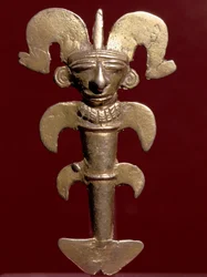 Sztuka prekolumbijska, cywilizacja Quimbaya (Kolumbia): antropomorficzna zawieszka ze złota. 400-1400 n.e. Bogota, Museo del Oro, Kolumbia