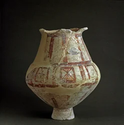 Cywilizacja etruska: terakotowe naczynie z nekropolii w Mattonarze (Civitavecchia), Lacjum. VII-VI wiek p.n.e. Rzym, Narodowe Muzeum Prehistorii i Etnografii im. Luigiego Pigoriniego