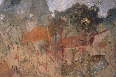 Postacie ludzkie i zwierzęce, buszmeny lub malowidła jaskiniowe, Park Maloti-Drakensberg (Lista Światowego Dziedzictwa UNESCO, 2000), Lesotho