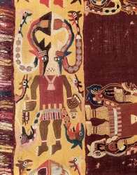 Cywilizacja prekolumbijska: mistrz ceremonii w masce. 300-100 p.n.e. Tkanina z Ica w Peru. Narodowe Muzeum Archeologiczne w Limie, Peru.