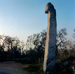 Prehistoria: mnich. Menhir neolitu (6000-3000 pne). Wiek Piotra. Wysokość kamienia 370 cm Modugno, Apulia, prowincja Bari, Włochy.