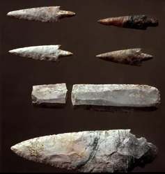 Prehistoria: groty strzał i krzemień z nekropolii w Cantalupo-Mandela (Cantalupo Mandela), Lacjum. Epoka miedzi. Eneolit. 2200 p.n.e. Rzym, Narodowe Muzeum Prehistoryczne i Etnograficzne im. Luigiego Pigoriniego