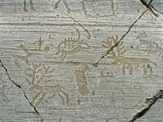 Prehistoria, cywilizacja Kamunów, sztuka naskalna: skała grobowa z przedstawieniem jeleni. Okres między neolitem a epoką brązu. Skała. 1. Capo di Ponte, Parco nazionale delle incisioni rupestri di Naquane, Valcamonica, Val Camonica, Włochy