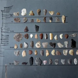 Prehistoria, kultura pontiniańska: kamienie i krzemień (wytwórczość kamienna) z jaskini Moscerini, Lacjum. Epoka kamienia. Górny paleolit. Rzym, Museo Nazionale Preistorico Etnografico Luigi Pigorini