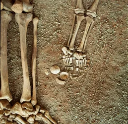 Prehistoria: podwójny pochówek dorosłych i dzieci. Widok szczegółowy wyposażenia grobowego: u stóp dziecka trzy wiewiórcze ogony, muszle i kamienie z jaskini Arene Candide (Finale Ligure), Liguria. Mezolit, 7000-6000 p.n.e. Genua, muzeum archeologiczne