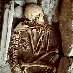 Prehistoria: kobiecy szkielet z jaskini Kandyda Areny (Finale Ligure). Epoka kamienia łupanego, neolit. Geny, Museo di archeologia Ligure