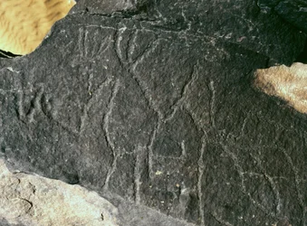 Prehistoria, sztuka naskalna: poważny rock. Epoka kamienia 5000-2000 p.n.e. Taghit, Hoggar Highland (Ahaggar), Algieria