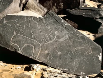 Prehistoria, sztuka naskalna: nagrobek przedstawiający lwy, antylopy, strusie i bydło. Epoka kamienia 5000-2000 p.n.e. Taghit, Haut plateau du Hoggar, Algieria