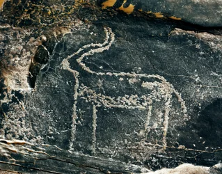 Prehistoria, sztuka naskalna: nagrobek przedstawiający antylopę. Epoka kamienia 5000-2000 p.n.e. Taghit, Haut plateau du Hoggar (Ahaggar), Algieria