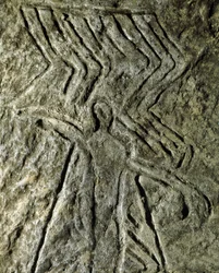 Prehistoria, sztuka naskalna: petroglif (graffiti na kamieniu) przedstawiający postać ludzką. neolit, epoka kamienia. (Azerbejdżan) Epoka brązu. Baku, Państwowe Muzeum Historii Religii Azerbejdżanu