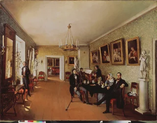 Scena rodzinna (codzienne zajęcia w porze podwieczorku, niektórzy grają na pianinie, inni słuchają, kobieta w tle szyje) - Scena rodzinna - Obraz Prokofiego Jegorowicza Puszkariewa (Puszkijewa) (?-po 1856), h