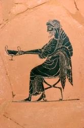 Fragment siedzącego Dionizosa, płyta grecka, namalowany przez Psiaxa, ok. 520 r. p.n.e.