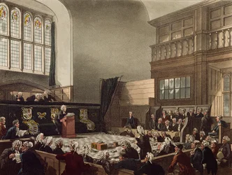 Court of Exchequer, Westminster Hall, z „Mikrokosmosu Londynu”, ryt. J. C. Stadler (fl.1780-1812), wyd. R. Ackermann (1764-1834) 1808 (kolorowa akwatinta)