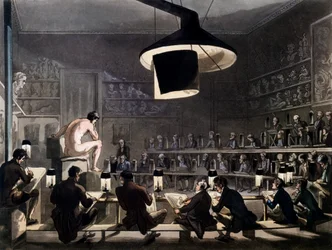 Rysunek z życia w Akademii Królewskiej, Somerset House, Londyn, z Mikrokosmosu Londynu R. Ackermanna, 1810 (akwatinta barwna)