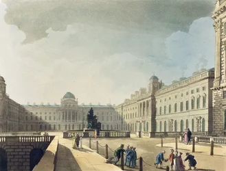 Somerset House, Strand, z „Mikrokosmosu Londynu Ackermanna”, grawerowane przez Johna Blucka (fl.1791-1819), 1809 (akwatinta)