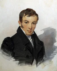 Portret Wasilija Joukowskiego (1783-1852), rosyjskiego poety (Portret poety Wasilija Żukowskiego). Praca Piotra (Piotra) Fiodorowicza Sokołowa (Peter Sokołowa) (1791-1848), ok. 1820. Akwarela na papierze. Sankt Petersburg, Muzeum A. Puszkina Muzeum Pamięci