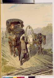 Trojka (rosyjski powóz ciągnięty przez trzy konie). Praca Piotra (Piotra) Pietrowicza Sokołowa (1821-1899), akwarela na papierze