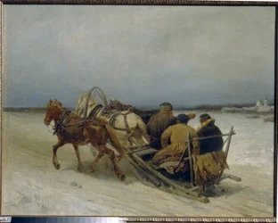 Trojka zimą. (Tradycyjny rosyjski autostop, ciągnięty przez trzy konie). Obraz Piotra (Piotra) Pietrowicza Sokołowa (1821-1899), olej na płótnie