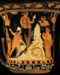 Krater z czerwonymi figurami: Król Kadmos, amfora w jednej ręce, rzuca kamieniami w smoka ...