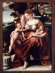 Alegorie charytatywne. Obraz Jana Massysa (Matsys lub Metsys lub Matsijs) (1509-1575) 1549-1550 Wym.126x93 cm Genes, Musei di Strada Nuova (ex Palazzo Bianco)