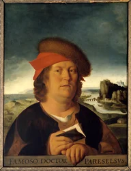 Domniemany portret lekarza Paracelsusa (1493-1541) (Paracelsus Aracelsus lub Theophrastus Bombastus von Hohenheim). Obraz. Kopia zaginionego oryginału Quentina Metsysa (1465/1466-1530). Wymiary: 0,72 x 0,54 cm. Musée du Louvre.