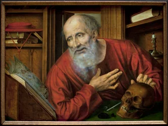 Święty Hieronim w swojej celi. Obraz Quentina Metsysa (Quinten Massys) (1466-1530), pierwsza połowa XVI wieku, prymitywna sztuka flamandzka. Kunsthistorisches Museum w Wiedniu, Austria.