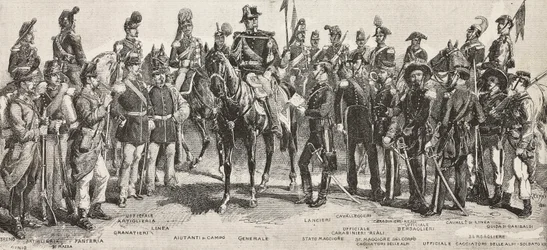 Armia Piemontu w 1859 r.: piechota, artylerzysta, inżynierowie, grenadierzy, oficerowie, generałowie, włócznicy, kawalerzyści, strzelec, rycina z rysunku Quinto Cenni, z L