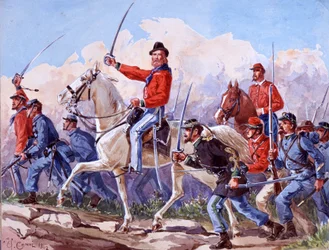 Risorgimento: wojska Giuseppe Garibaldiego (1807-1882) maszerujące na Rzym. Akwarela Quinto Cenni 1892