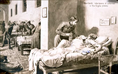 Włoski patriota Giuseppe Garibaldi (1807-1882) pielęgniarz pod nazwiskiem Pan-Borel (Pane Borel) do pacjentów cholery w Marsylii w 1836 r. Pocztówka z XIX-wiecznej kolekcji prywatnej
