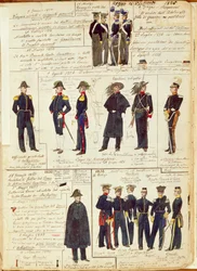 Mundury armii piemonckiej w latach 1836-1886. Barwna plansza autorstwa Quinto Cenniego
