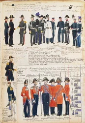 Mundury armii piemonckiej z lat 1845-1846. Kolorowa tablica autorstwa Cenni Quinto.