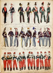 Różne włoskie mundury w powszechnym użyciu około 1860 roku przez Quinto Cenni, kolorowa płyta