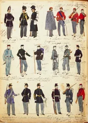 Różne włoskie mundury powszechnie używane w latach 1859-1866 autorstwa Quinto Cenniego, barwna tablica