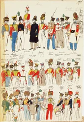 Różne mundury, datowane na lata 1826-1829. Tabliczka barwna autorstwa Cenni Quinto