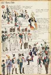 Różne mundury Królestwa Włoch z 1807 roku. Tabliczka barwna autorstwa Cenni Quinto