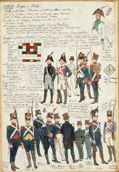 Różne mundury Królestwa Włoch z 1807 roku. Tabliczka barwna autorstwa Cenni Quinto