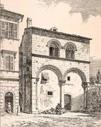 Dom na Piazza del Duomo, Viterbo, Włochy, z „Przykłady architektury miejskiej, handlowej i ulicznej Francji i Włoch od XII do XV wieku”, wyd. przez W.Mackenzie