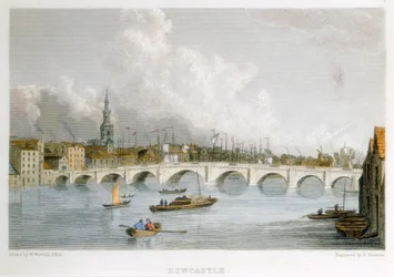 Kamienny most łukowy przez rzekę Tyne w Newcastle-upon-Tyne, Anglia, c1830.