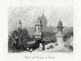 Ghat i świątynia w Gokul, Indie, ok. 1838 r.