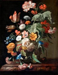 ""Nature morte aux fleurs"" (Martwa natura z kwiatami) Peinture de Rachel Ruysch (1664-1750) - Olej na płótnie - Dim 70,5x58,5 cm Hallwylska Museet, Sztokholm