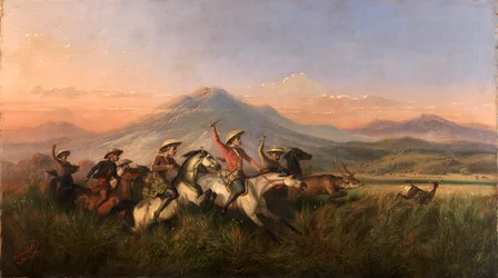 Sześciu jeźdźców goniących jelenie, 1860.