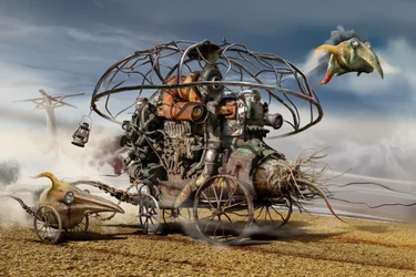 Steampunkowa karawana na pustyni