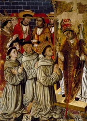 Cykl cudów, fragment z Ołtarza San Bernardino, autorstwa Joana Figuera i Tomasa Rafaela (działający w drugiej połowie XVI wieku), tempera na desce, 399x253 cm. Szczegół.